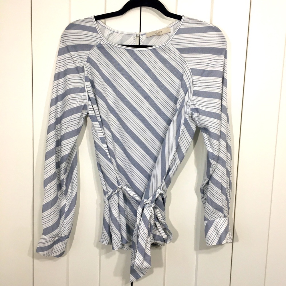 Ann Taylor Loft Blouse Belted Long Sleeve Blue White Stripes Medium